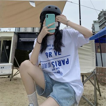 ins網紅藍色鏡像字母印花百搭正肩T恤女寬松顯瘦寬松BF風上衣潮牌