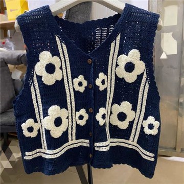 復古森系鉤花鏤空花朵針織馬甲女短款開衫背心外穿外搭上衣薄款潮