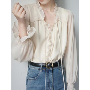 韓版小清新甜美高級感氣質長袖雪紡襯衫早春溫柔風v領泡泡袖上衣
