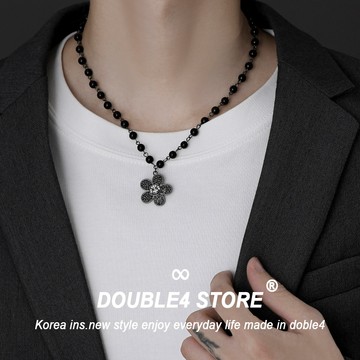 【DOUBLE4】 黑鑽小花 黑串珠 韓系 日系 男女 項鍊  C100