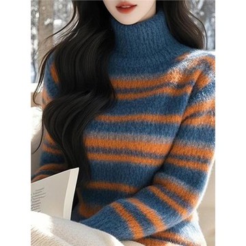 時尚復古絕美藍色條紋高領長袖毛衣針織衫女秋冬款超好看軟糯小衫