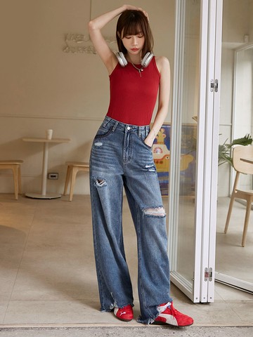 帥氣刷破造型牛仔落地寬褲