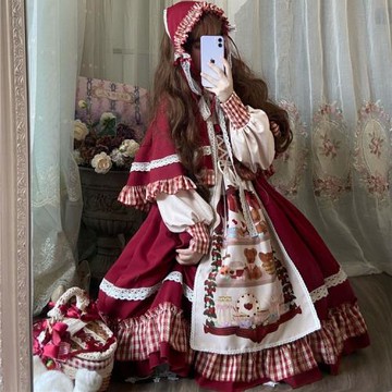 小紅帽洛麗塔Lolita圣誕新年紅斗篷少女op長袖連衣裙甜美可愛純色