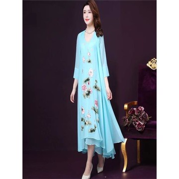 夏季假兩件漢服長裙中國風優雅氣質改良版旗袍繡花雪紡連衣裙垂感