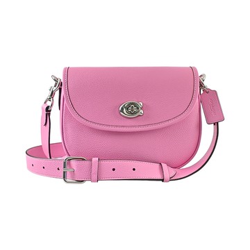 COACH WILLOW鮮粉色荔枝紋皮革銀色C字金屬旋扣翻蓋斜背馬鞍包