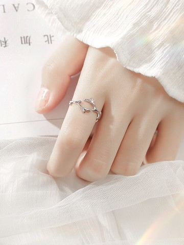 樹枝森系戒指女純銀食指戒指女時尚個性清新文藝開口可調節銀戒指1入