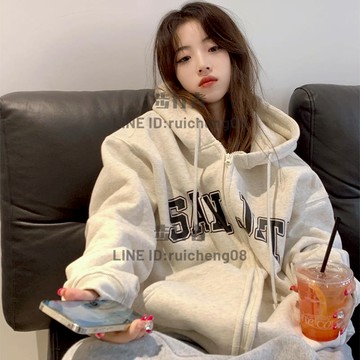 大學T拉鏈開衫秋冬美式寬鬆慵懶風連帽衛衣女oversize加絨加厚外套【步行者戶外生活館】