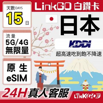 LINKGO白鑽卡 日本原生 eSIM卡 KDDI  15天吃到飽不降速(日本網卡 沖繩 大阪 北海道 東京)