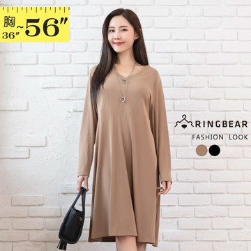 休閒洋裝--純色典雅V領垂感針織顯瘦長袖洋裝(黑.卡其XL-5L)-A452眼圈熊中大尺碼