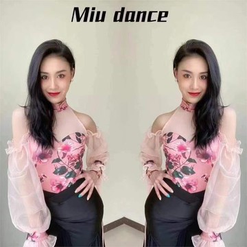 MiuDance 摩登舞服泡泡袖上衣帶胸墊底褲花色長袖露背美背女成人