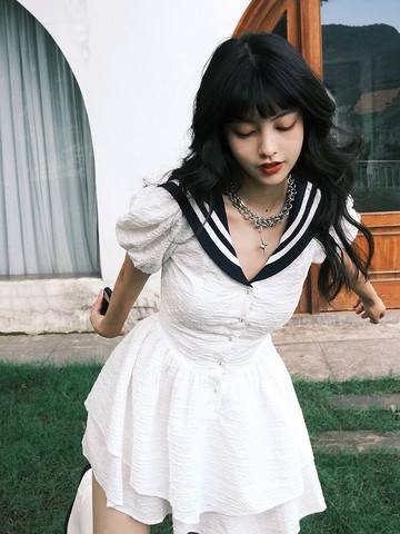 甜美少女海軍領連衣裙夏季2022新款設計感水手JK制服高腰氣質短裙
