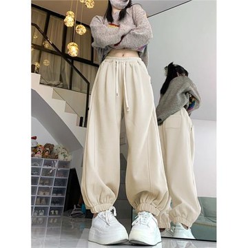 杏色哈倫運動褲女2026秋冬新款高腰寬松休閑加絨加厚束腳香蕉衛褲