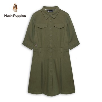 Hush Puppies 洋裝 女裝素色打摺刺繡小狗七分袖洋裝