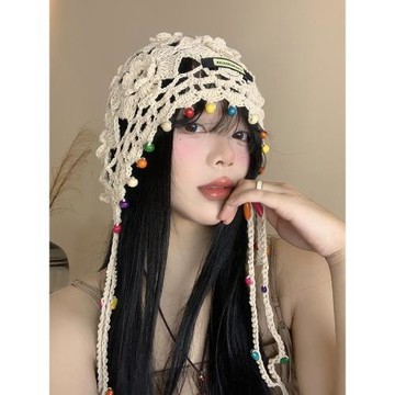 波西米亞花朵流蘇編織包頭帽女復古鏤空民族風套頭帽手工針織帽子