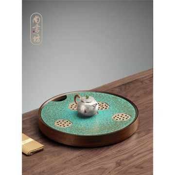 尚言坊嚴選竹茶盤圓形陶瓷家用新日式小型茶臺儲水干泡盤茶具托盤