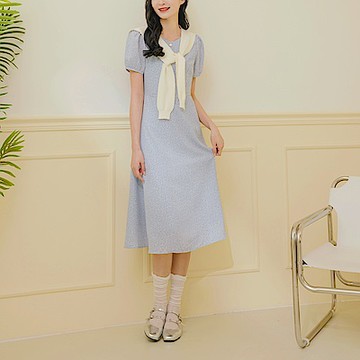 OB嚴選-雪紡碎花收腰綁帶拋袖長洋裝