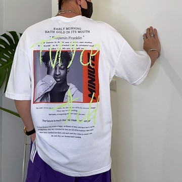 ✨領券再享折扣✨ 照片轉印+印花 純棉寬鬆短T 寬鬆落肩 塗鴉 美式風格 短袖 上衣