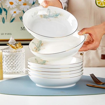 陶瓷盤子菜盤家用歐式金邊可微波簡約時尚加厚防燙圓形餐盤碟套裝