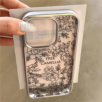 電鍍銀線條山茶花適用蘋果17promax手機殼新款彩繪16promax透明15pro創意個性xr防摔全包軟殼17plus保護套
