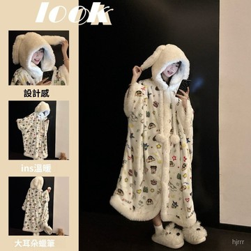 卡通小新珊瑚絨睡袍女 秋冬季加絨加厚 連帽鬥篷睡衣家居服套裝 連體睡衣女 珊瑚絨加厚保暖睡衣 秋冬季 抽象搞怪 情侶睡袍