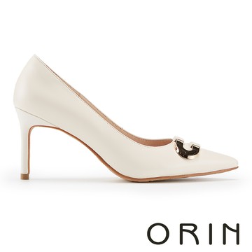 ORIN 雙色釦飾羊皮尖頭高跟鞋 米色 #25001