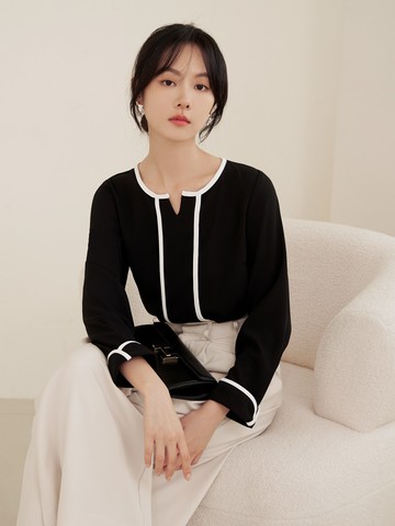 小V領配色長袖上衣