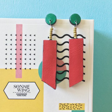 節日禮物 長形配色皮革耳環 純銀耳針