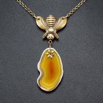 蜂蜜黃色瑪瑙板片黃銅蜜蜂波西米亞風吊墜項鍊女士珠寶禮物