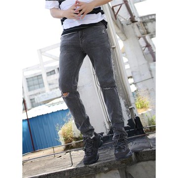 春夏男士破洞牛仔褲韓版潮流修身褲子黑色百搭潮牌青年乞丐長褲