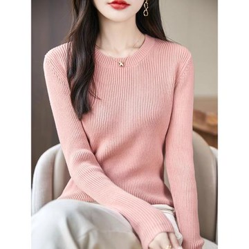 2025新款純棉線坑條針織衫女秋季圓領打底衫修身顯瘦季棉線內搭