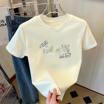 純棉重工釘珠鑲鉆t恤女短袖2026夏季新款正肩顯瘦圓領白色上衣潮