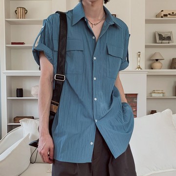 正韓奢華感褶皺尼龍捲袖雙口袋短袖襯衫 2色 YUPPIE 預購商品 0616