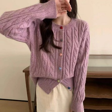 【米蘭精品】現貨+預購 法式針織外套寬鬆上衣針織衫毛衣大碼百搭休閒女裝-彩色愛心麻花紋女外套5色74mx44