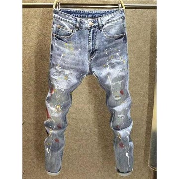 潑墨涂鴉牛仔褲男秋季淺色破洞潮牌修身小腳褲子彈力休閑長褲百搭