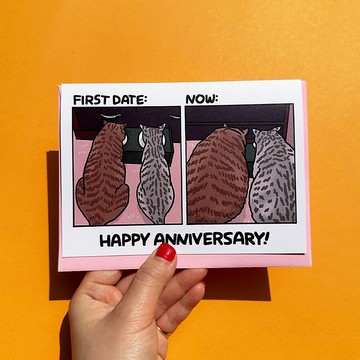 貓咪插畫祝福卡 First Date VS Now Funny Fat Cat Couple Anniversary Card