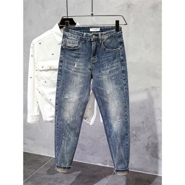 牛仔褲男春秋季新款漆點潑墨修身小腳復古藍貓須破洞潮牌痞帥長褲