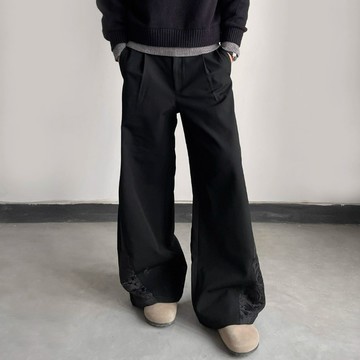 設計感拼接半松緊西褲男垂墜感高級感cleanfit寬松休閑長褲