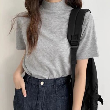韓國chic春夏簡約氣質半高領正肩百搭顯瘦純色疊穿打底衫短袖T恤