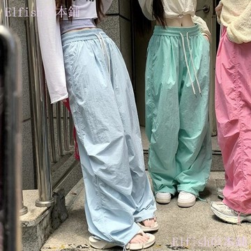 【美式辣妹風】休閒褲 女 秋季 多巴胺 彩色 寬鬆 闊腿長褲 速幹 直筒褲子 辣妹 長褲 美式褲子 歐美褲子