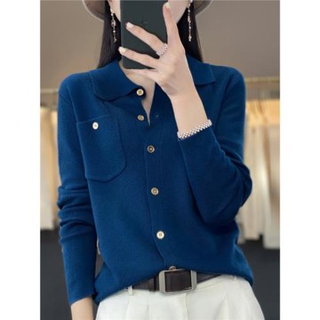 簡約長袖襯衫領女2025春秋冬季新款polo領寬松顯瘦針織衫上衣薄款