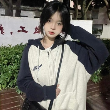 美式復古拼色衛衣女春秋寬鬆ins潮牌慵懶風oversize 開衫 連帽外套 衛衣 外套 薄款外套 上衣 秋季外套