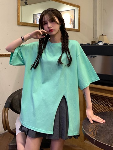 純棉中長款開叉t恤女夏季新款寬松設計感短袖上衣服ins潮