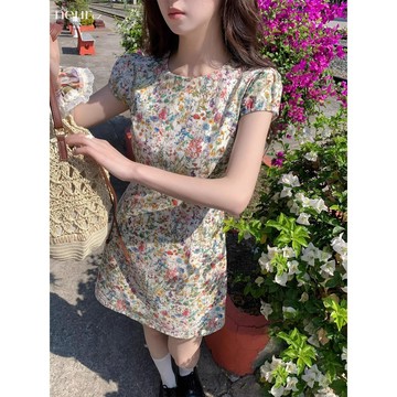 【夏天Summer】🔥莫奈花信 短袖碎花純棉連衣裙女春夏圓領長短款修身收腰裙