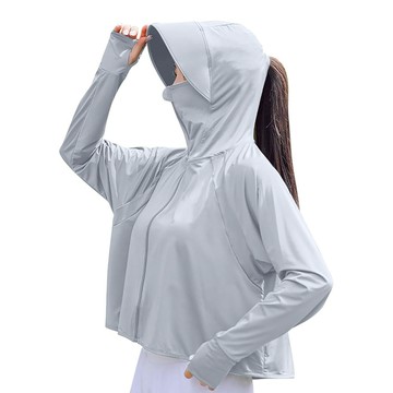 女款涼感防曬連帽外套 冰絲聚酯纖維  全長45cm  淺灰