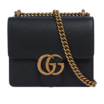 Gucci Marmont 金色標誌粒紋皮革肩背斜背二用鍊包(黑色)