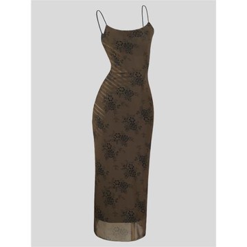 外貿原單 復古優雅氣質網紗數碼印花彈力修身顯瘦包臀吊帶連衣裙