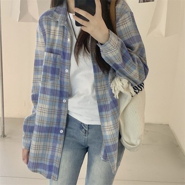 韓版藍格子寬鬆長袖襯衫女中長款防曬外套上衣