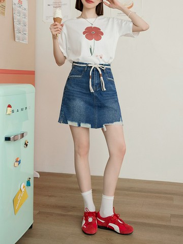 純棉刷破牛仔腰綁帶A字短裙