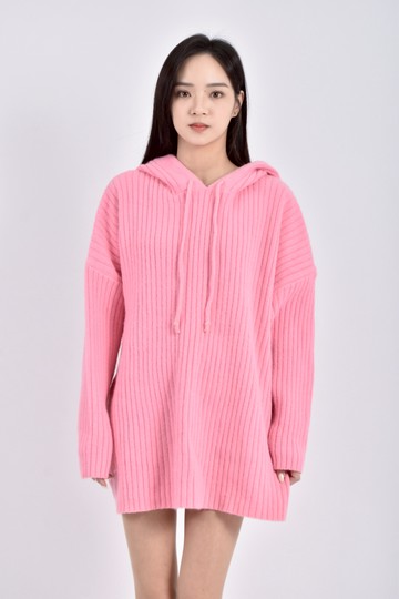 (F) comme lu veux質感針織長袖連帽粉色洋裝