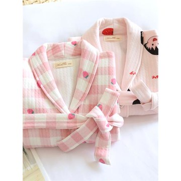 女童春秋純棉空氣層睡袍可愛加厚全棉三層夾棉系扣家居袍保暖浴袍